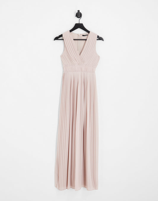 TFNC Petite Bridesmaid pleat waistband maxi dress in mink pink