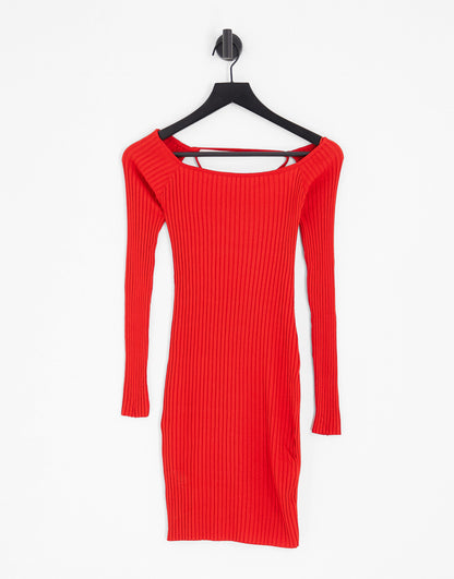 Stradivarius off shoulder wide neck midi dress with open back in red