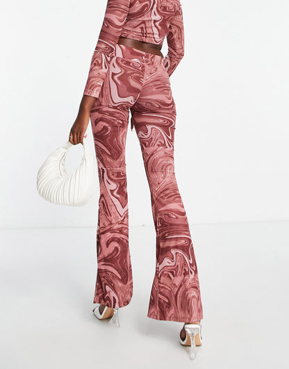 Sixth June co-ord mesh flare print trousers in pink