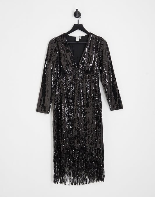 Y.A.S fringe sequin midi dress in black