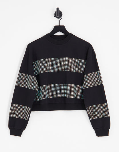 ASOS DESIGN sweatshirt with crystal hotfix stripes in black - BLACK