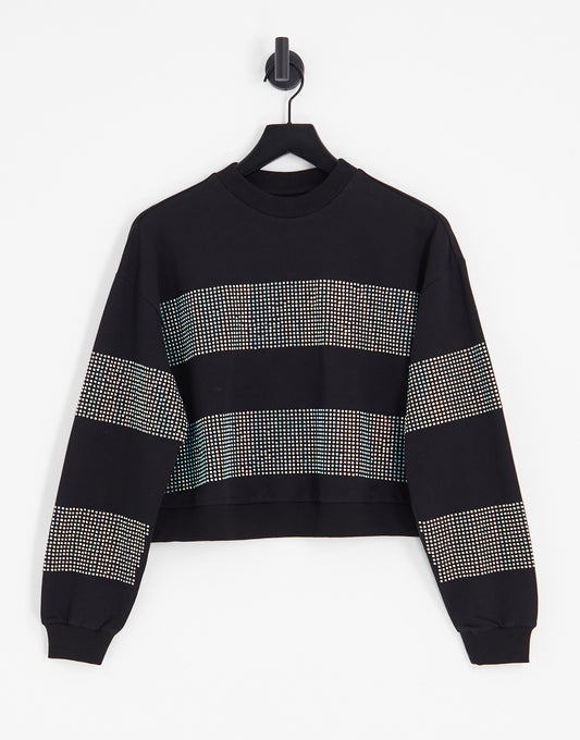 ASOS DESIGN sweatshirt with crystal hotfix stripes in black - BLACK