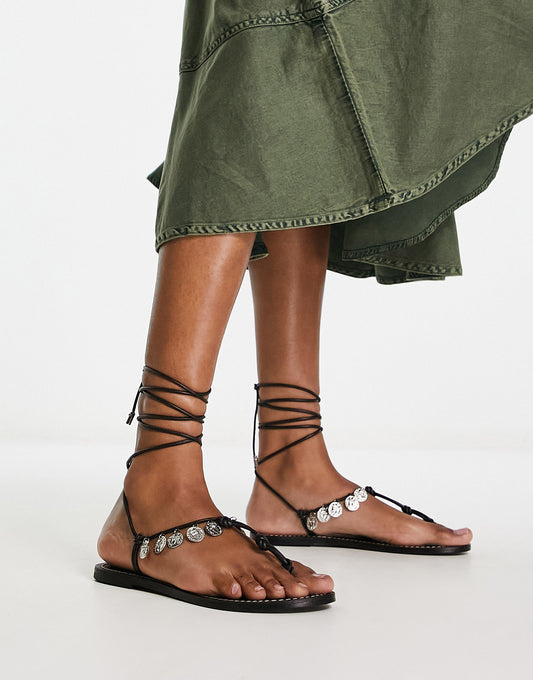 ASOS DESIGN Fernando leather coin sandals in black