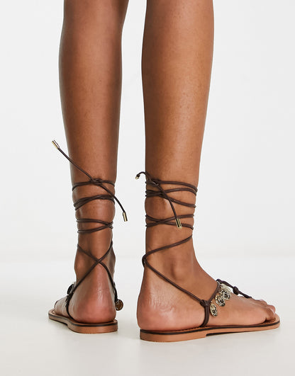 ASOS DESIGN Fernando leather coin sandals in brown