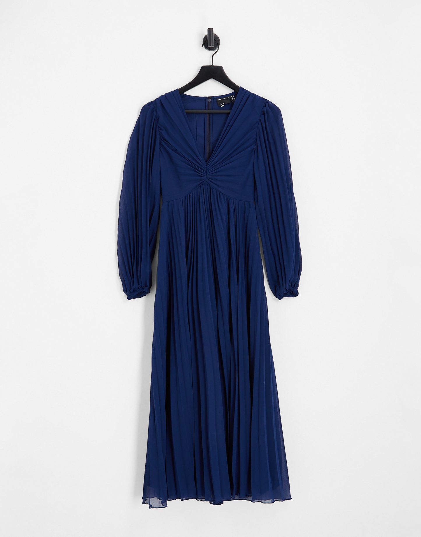 ASOS DESIGN pleated bodice plunge neck midi dress in navy