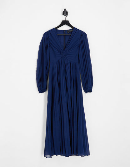 ASOS DESIGN pleated bodice plunge neck midi dress in navy