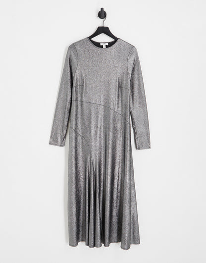 Topshop Curve metallic cut and sew maxi dress in silver