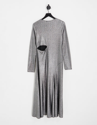 Topshop Curve metallic cut and sew maxi dress in silver