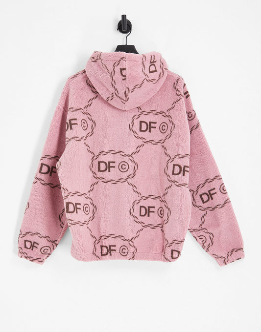 ASOS Dark Future co-ord oversized hoodie in teddy borg with all over monogram logo print and embroidery in pink