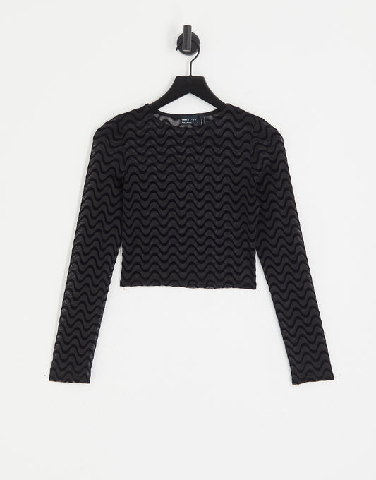 ASOS DESIGN mesh crop top with long sleeve in wave flock in black