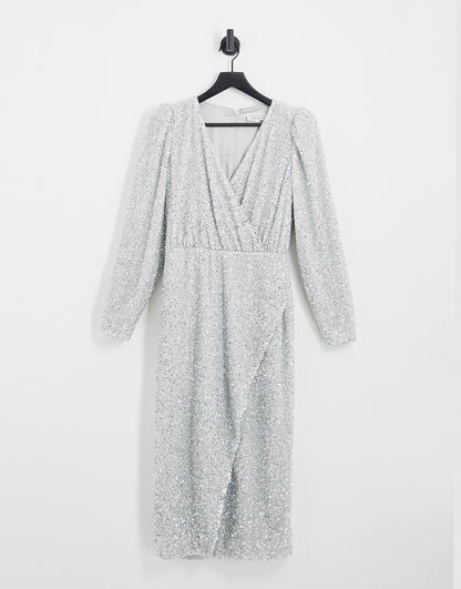 & Other Stories all over sequin wrap midi dress in silver