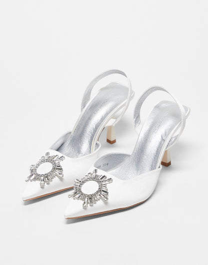 London Rebel Wide Fit embellished sling back bridal heeled shoes in ivory satin