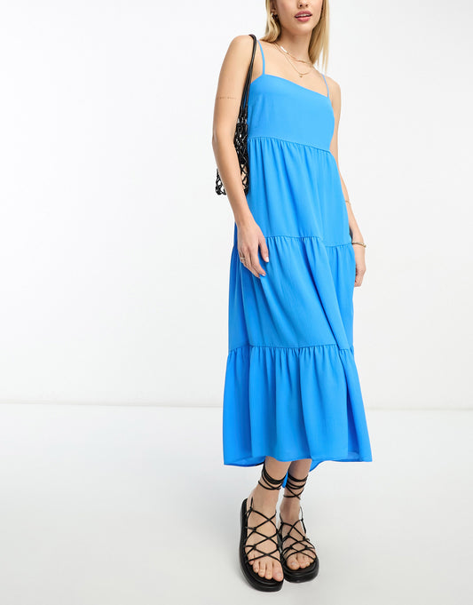 ASOS DESIGN Tall open back tiered hi low hem maxi dress in blue