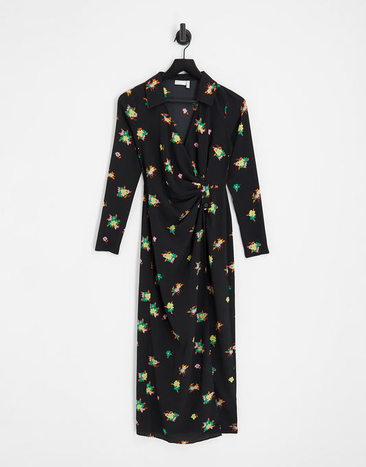 ASOS DESIGN ruched front button up wrap shirt midi dress in black floral print