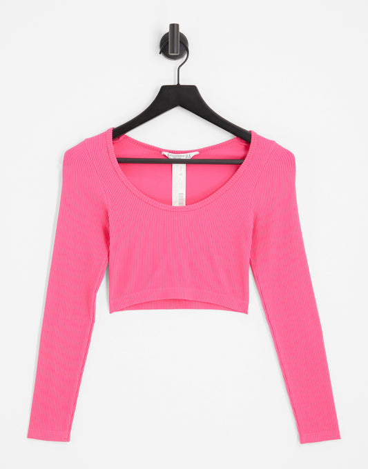 Stradivarius seamless ribbed scoop neck top in pink