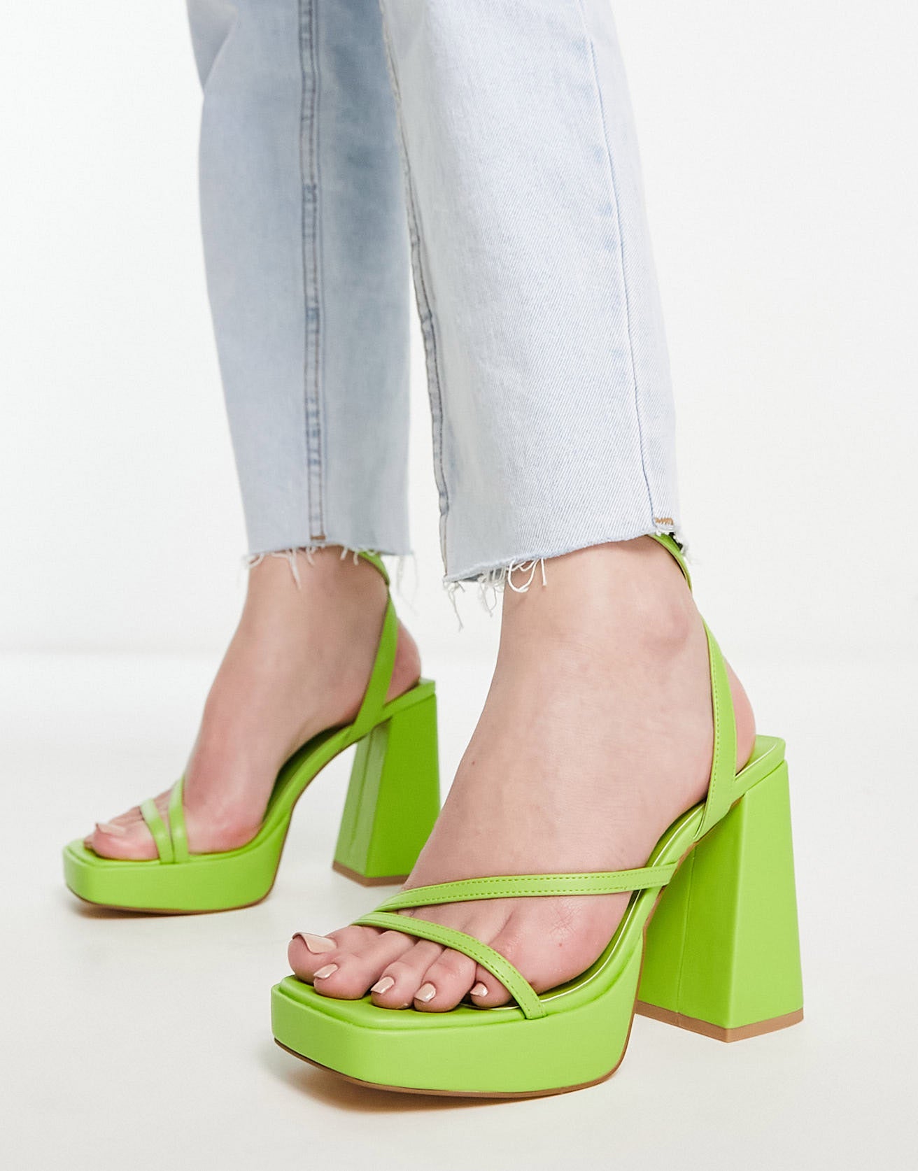 London Rebel flare heeled platform sandals in lime