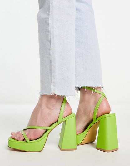 London Rebel Wide Fit flare heeled platform sandals in lime