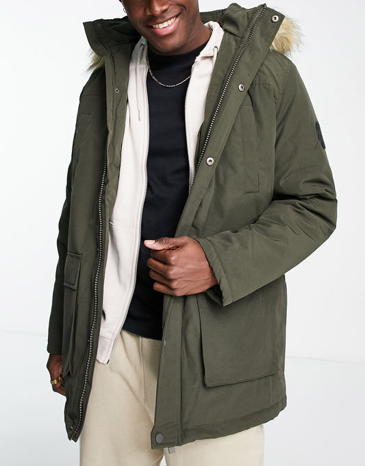 New Look faux fur trim hooded parka in khaki