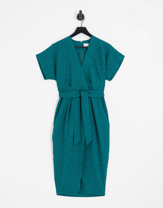 Closet London Petite kimono wrap dress in emerald