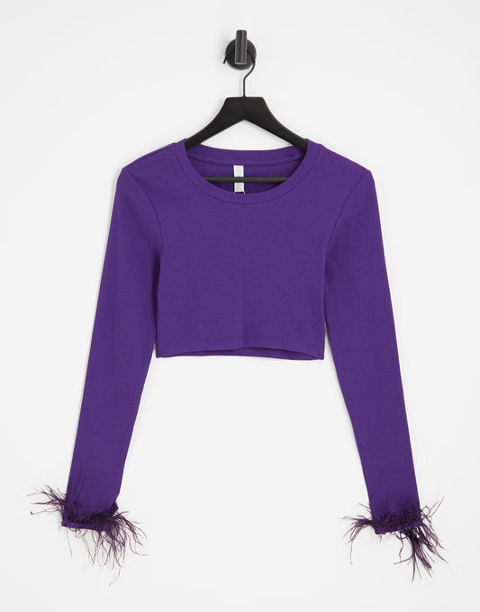 Only cropped faux feather trim top co-ord in purple