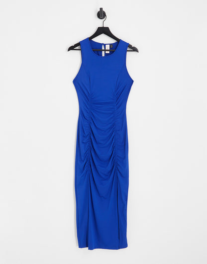 ONLY ruched maxi dress with side split in bright blue