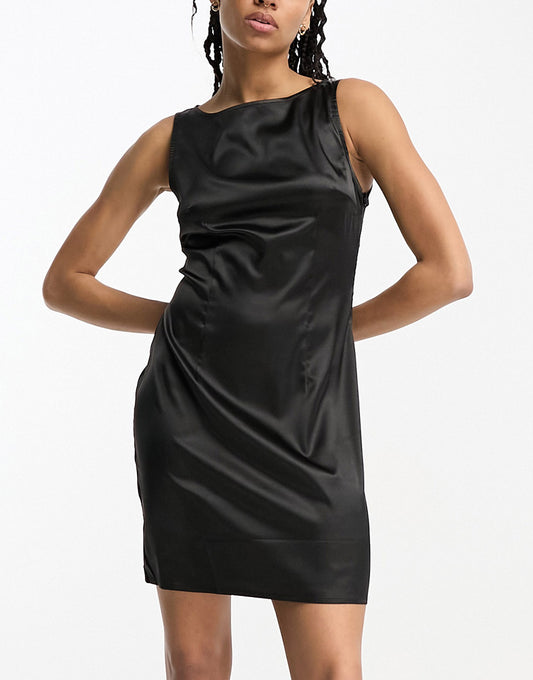 Urban Threads satin mini dress with slit in black