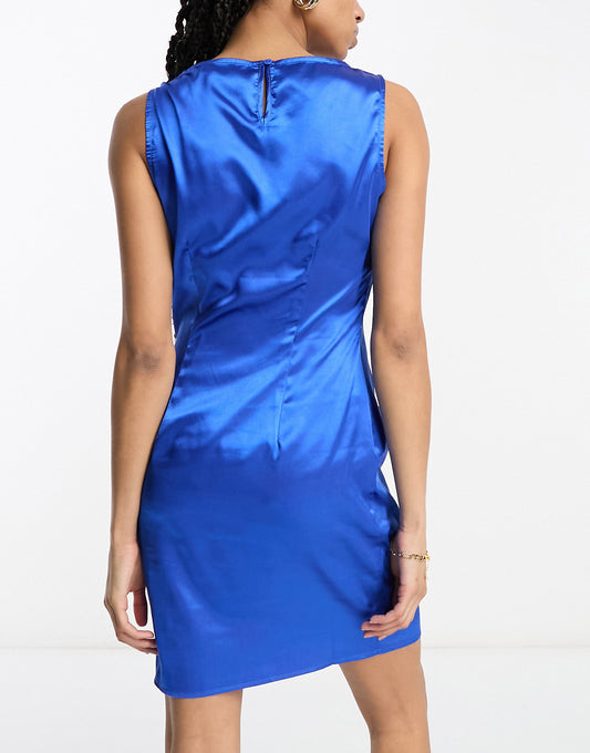 Urban Threads satin mini dress with slit in cobalt