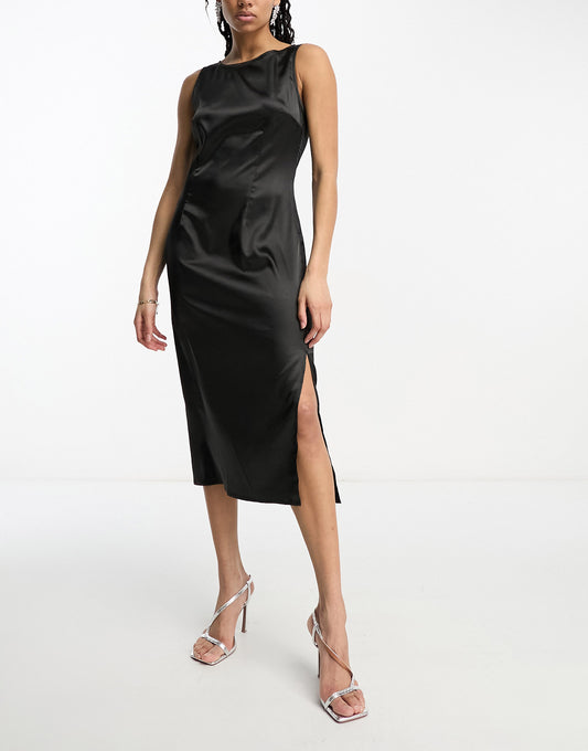 Urban Threads satin midi dress with slit in black