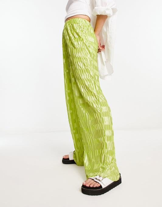 Urban Threads satin plisse wide leg trousers co-ord in lime