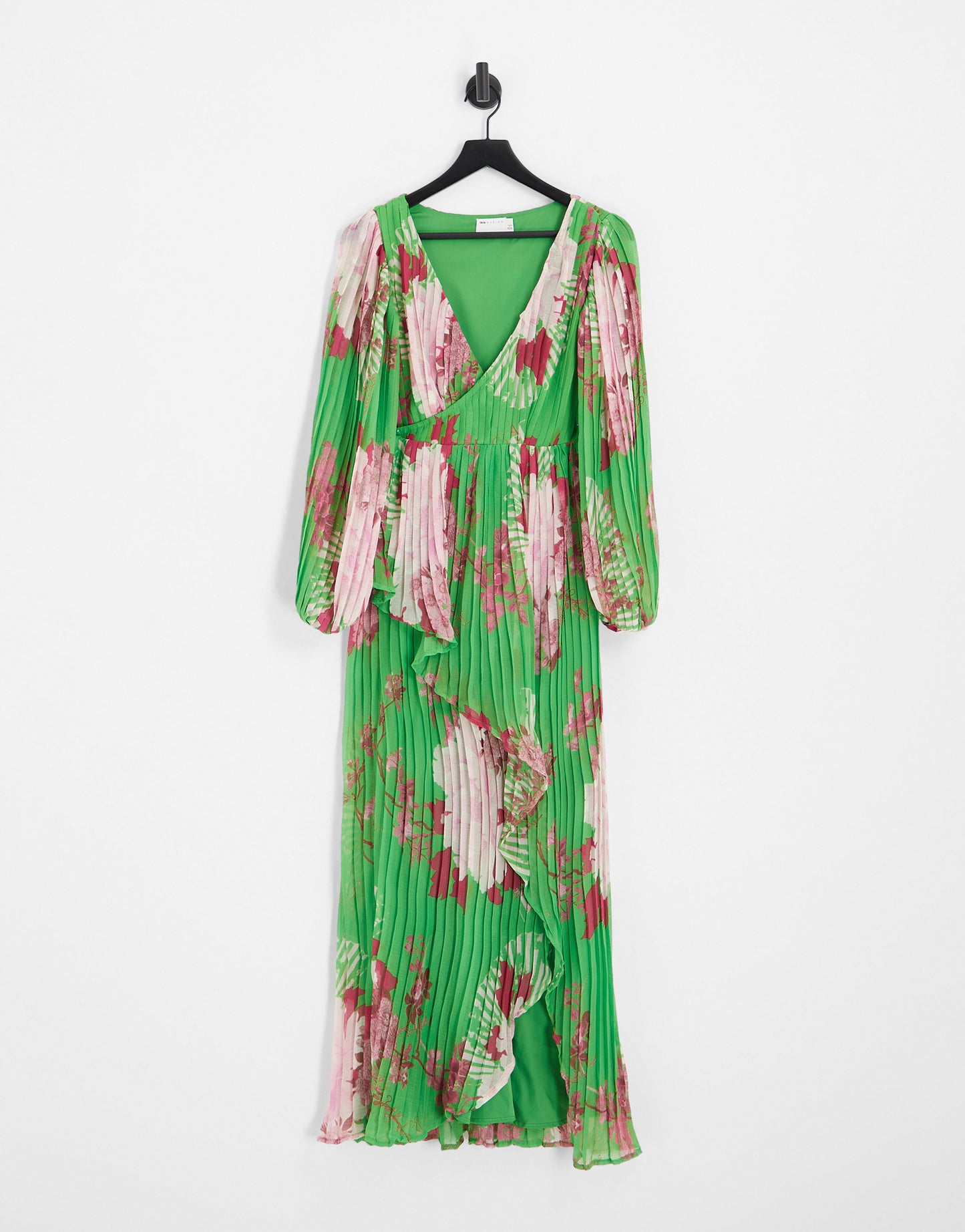 ASOS DESIGN wrap maxi dress with balloon sleeve with large green floral print