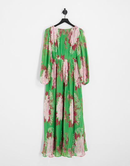 ASOS DESIGN wrap maxi dress with balloon sleeve with large green floral print