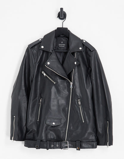 Stradivarius oversized faux leather biker jacket in black