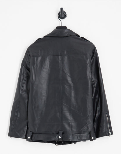 Stradivarius oversized faux leather biker jacket in black