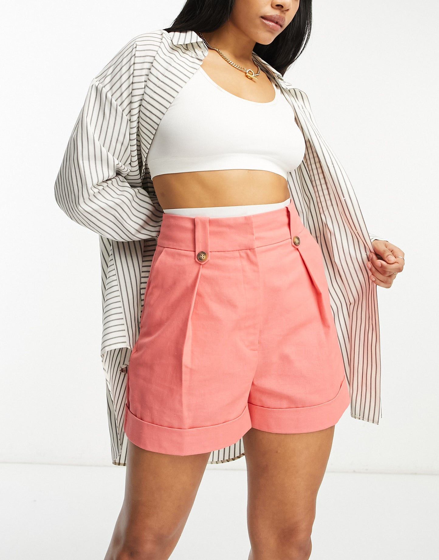 ASOS DESIGN Hourglass mom short with waist tabs with linen in coral