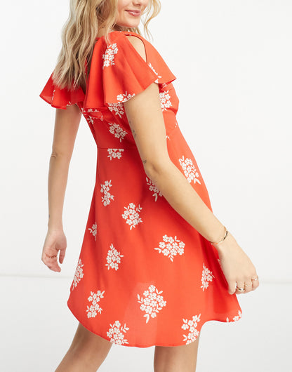 ASOS DESIGN flutter sleeve mini  tea dress with buttons in red floral