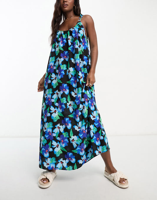 ASOS DESIGN tie strap detail trapeze maxi slip dress in blue floral print