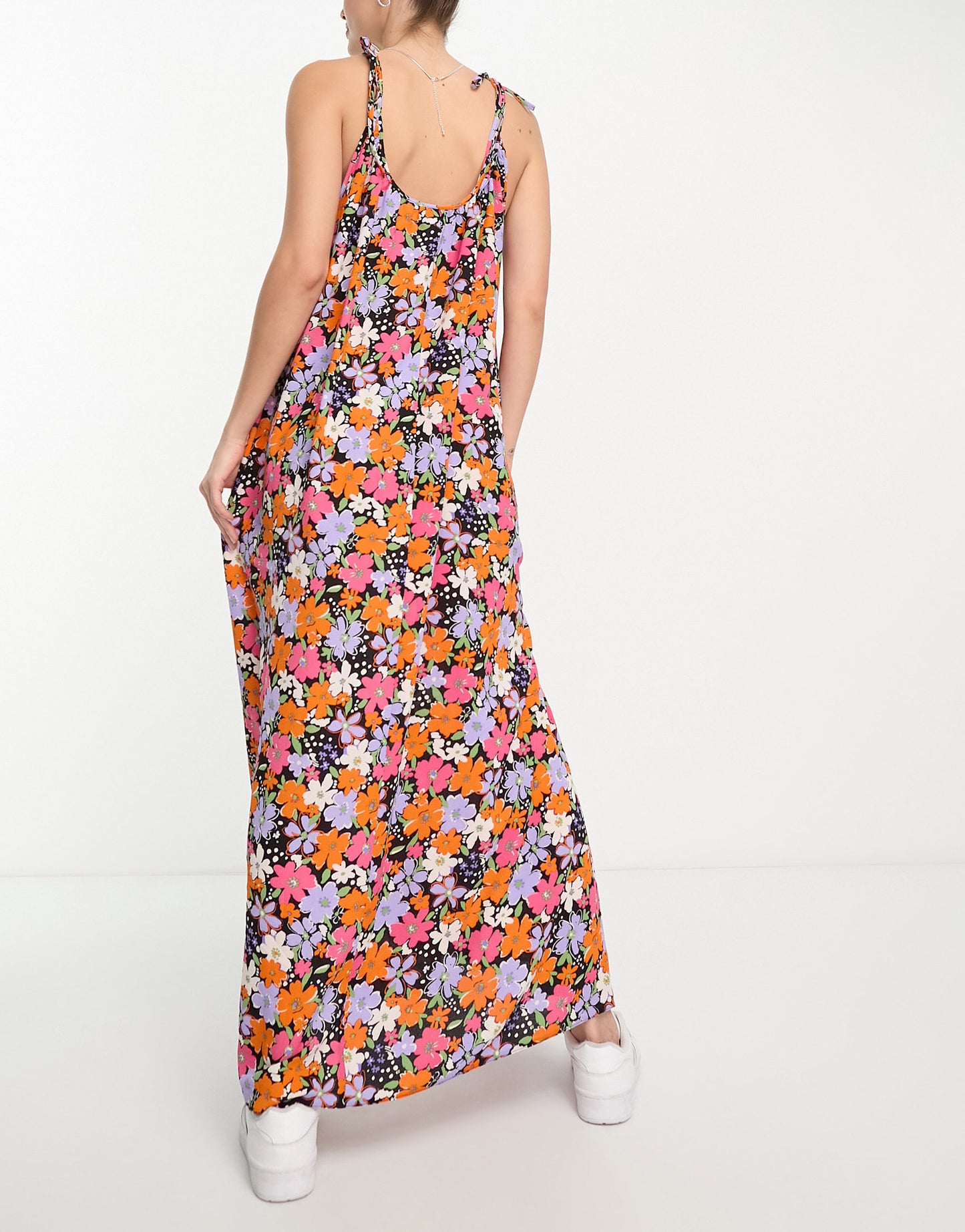 ASOS DESIGN Tall tie strap detail trapeze maxi slip dress in purple floral print