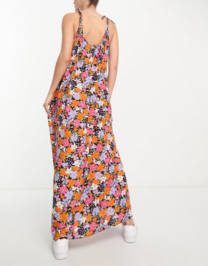 ASOS DESIGN Tall tie strap detail trapeze maxi slip dress in purple floral print