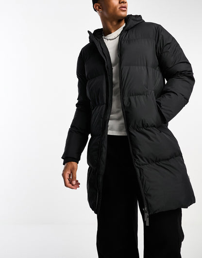 Selected Homme longline puffer jacket with hood in black