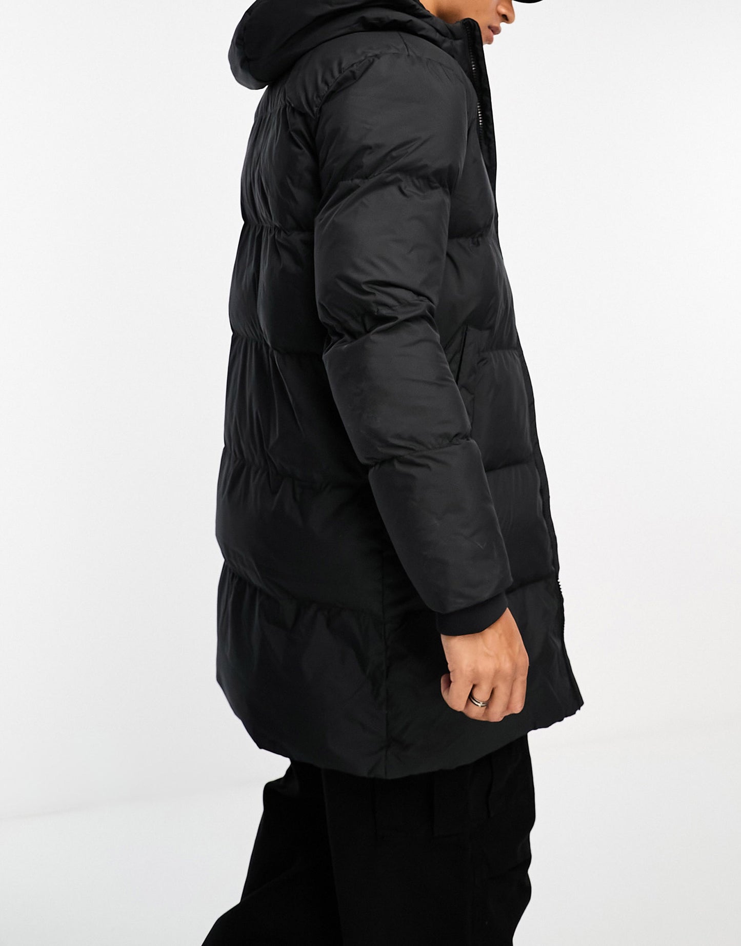 Selected Homme longline puffer jacket with hood in black