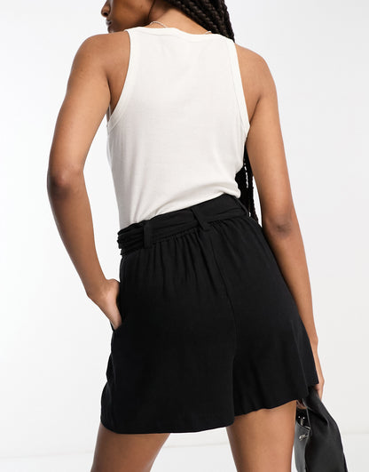 ASOS DESIGN Tall tie waist short with linen in black