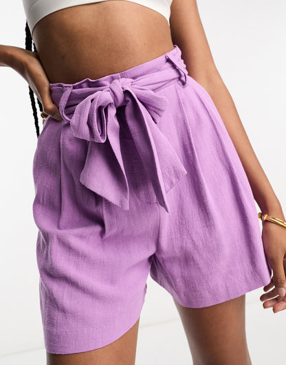 ASOS DESIGN Tall tie waist short with linen in orchid