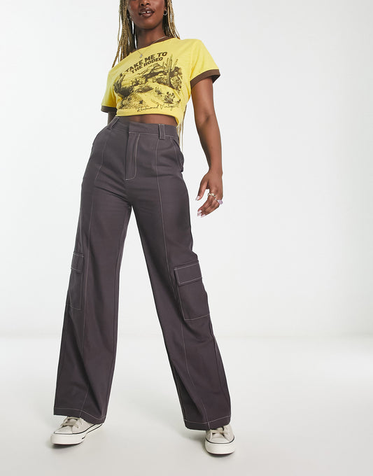 Heartbreak wide leg cargo trousers with contrast stitch in charcoal