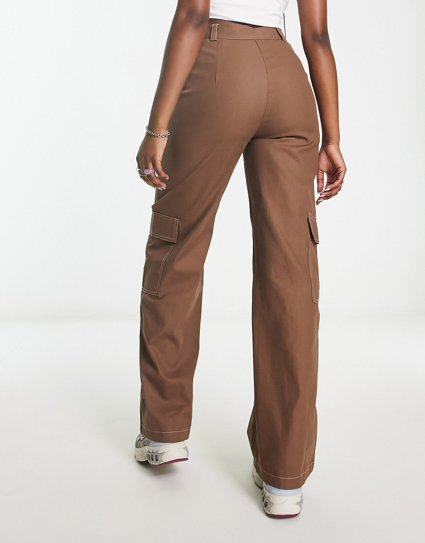 Heartbreak wide leg cargo trousers with contrast stitch in chocolate brown