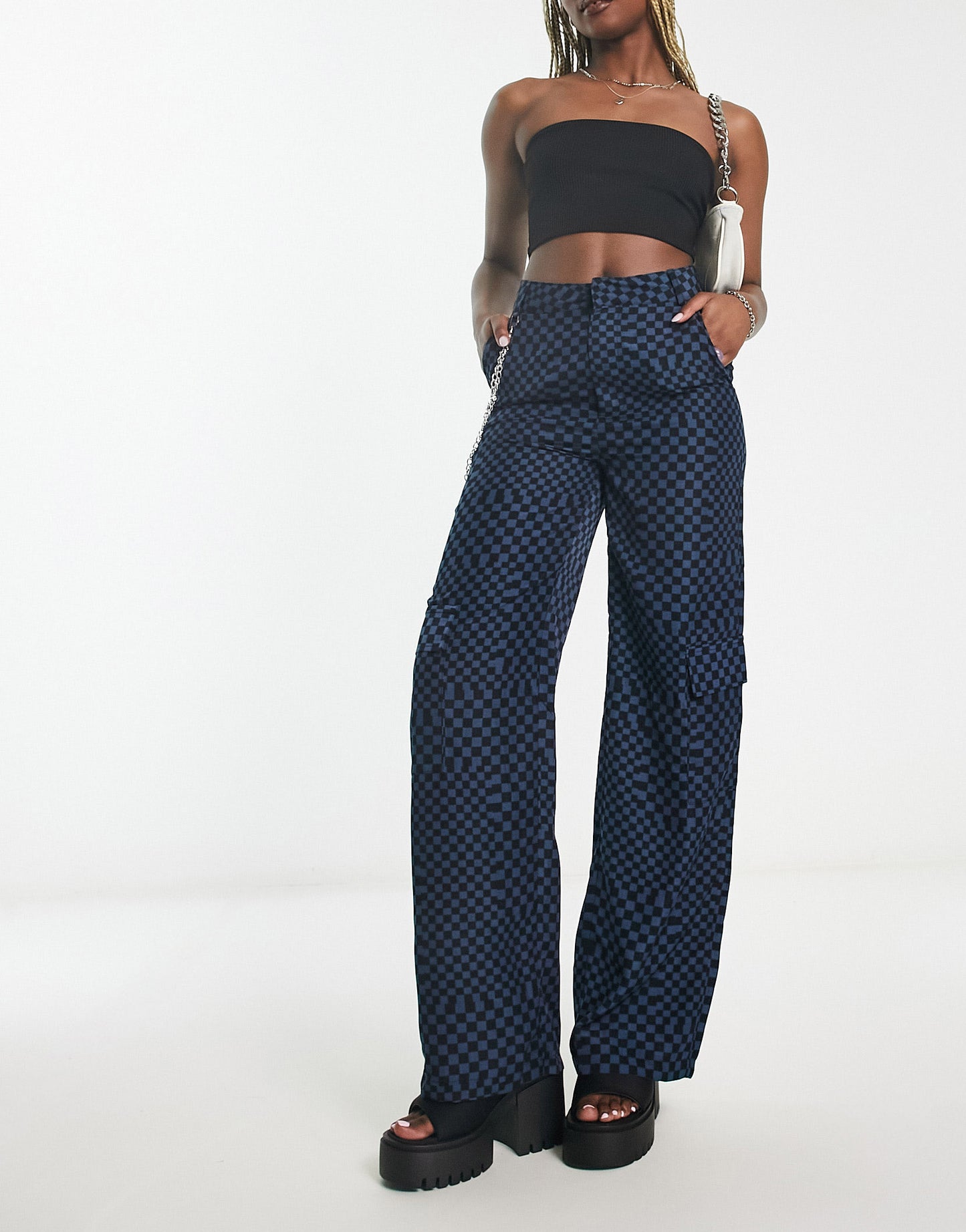 Heartbreak wide leg cargo trousers with detachable chain in blue grid print