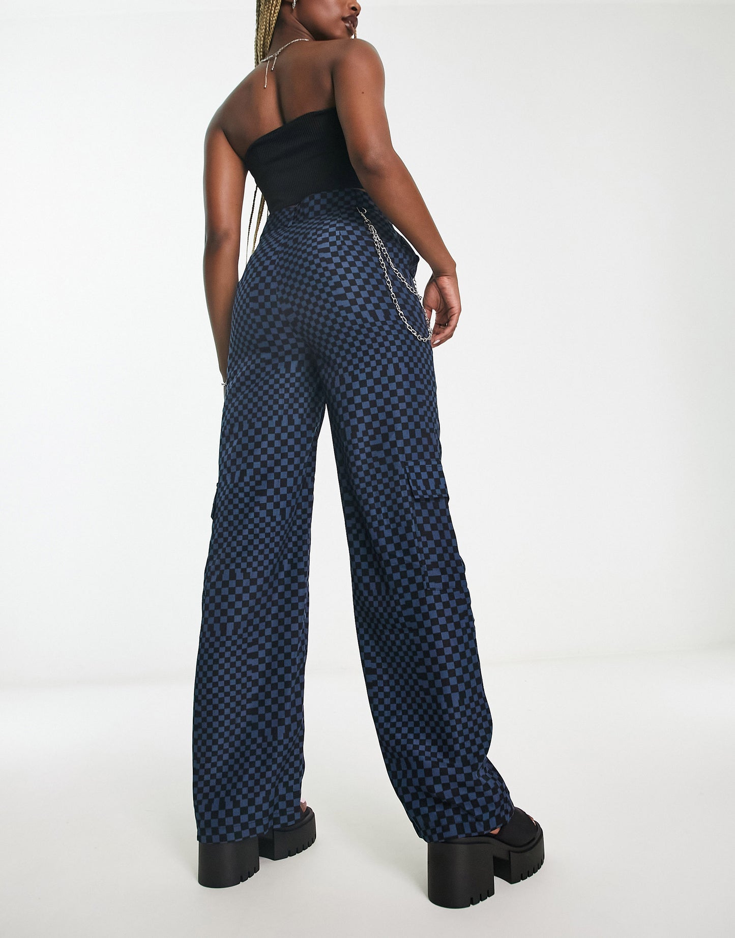 Heartbreak wide leg cargo trousers with detachable chain in blue grid print