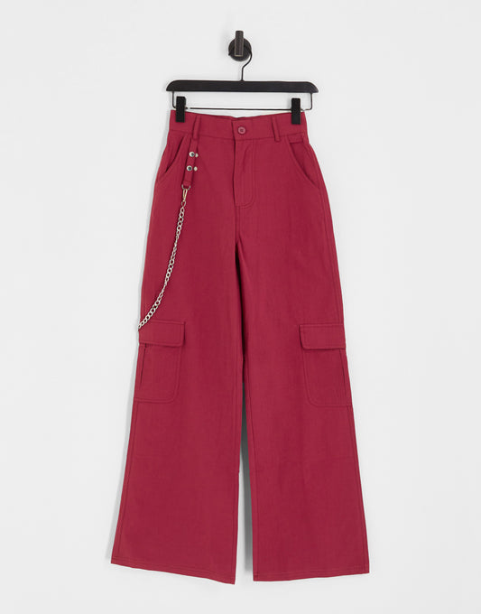 Heartbreak wide leg cargo trousers with detachable chain in burnt red