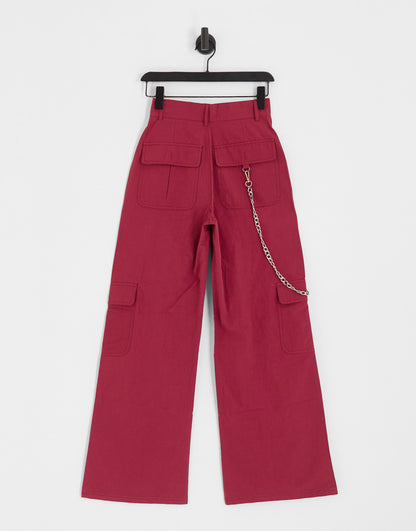 Heartbreak wide leg cargo trousers with detachable chain in burnt red