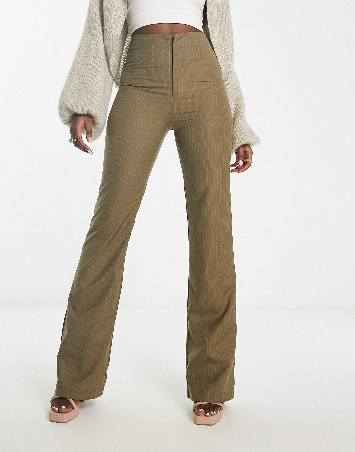 Heartbreak fit and flare pinstripe trousers in khaki