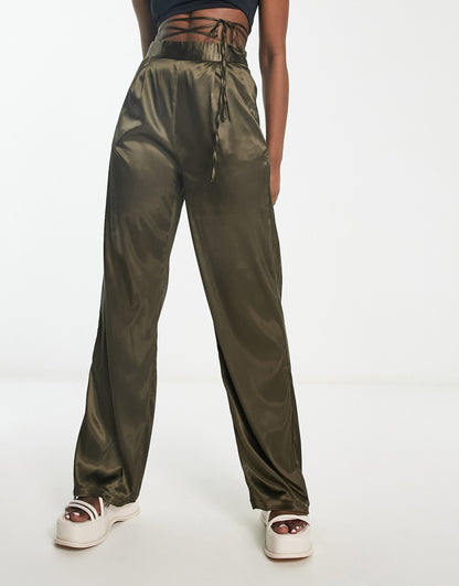 Heartbreak satin wrap around tie waist wide leg trousers in khaki